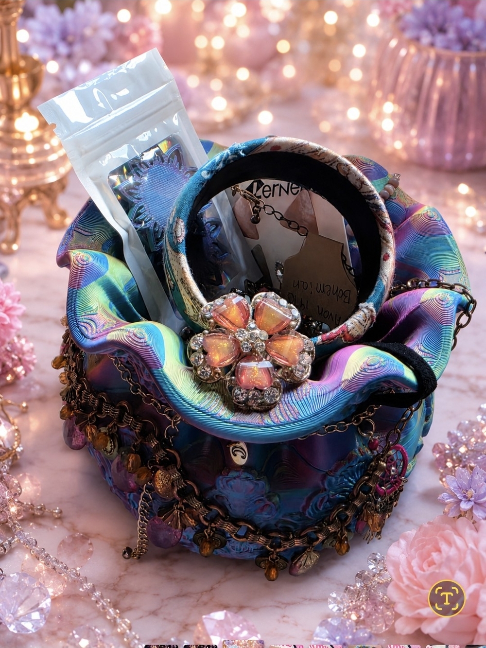 Iridescent Ruffle Cosmetic Pouch with Floral Brooch